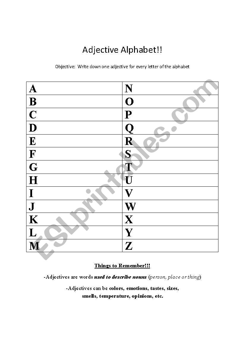 English Worksheets Adjective Alphabet Fill in