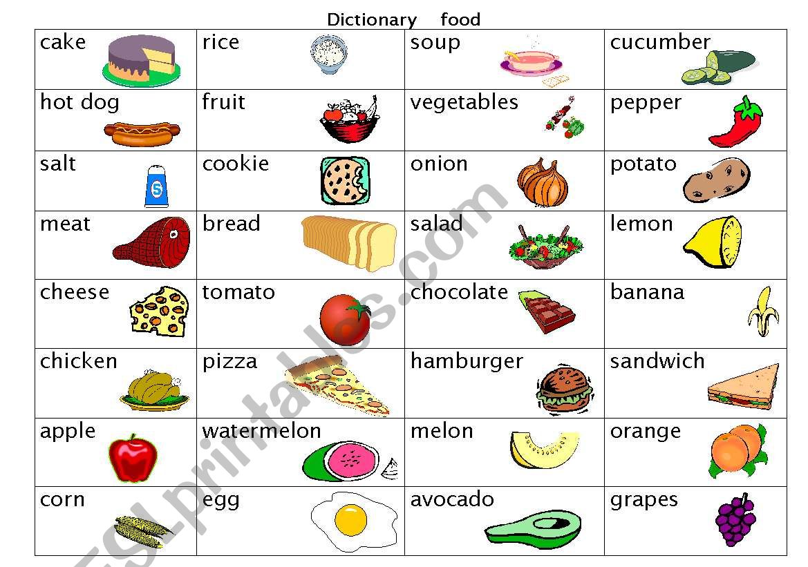 dictionary   food worksheet