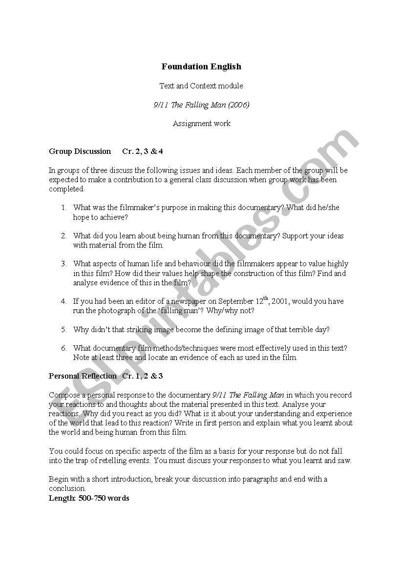 9/11 The Falling Man worksheet