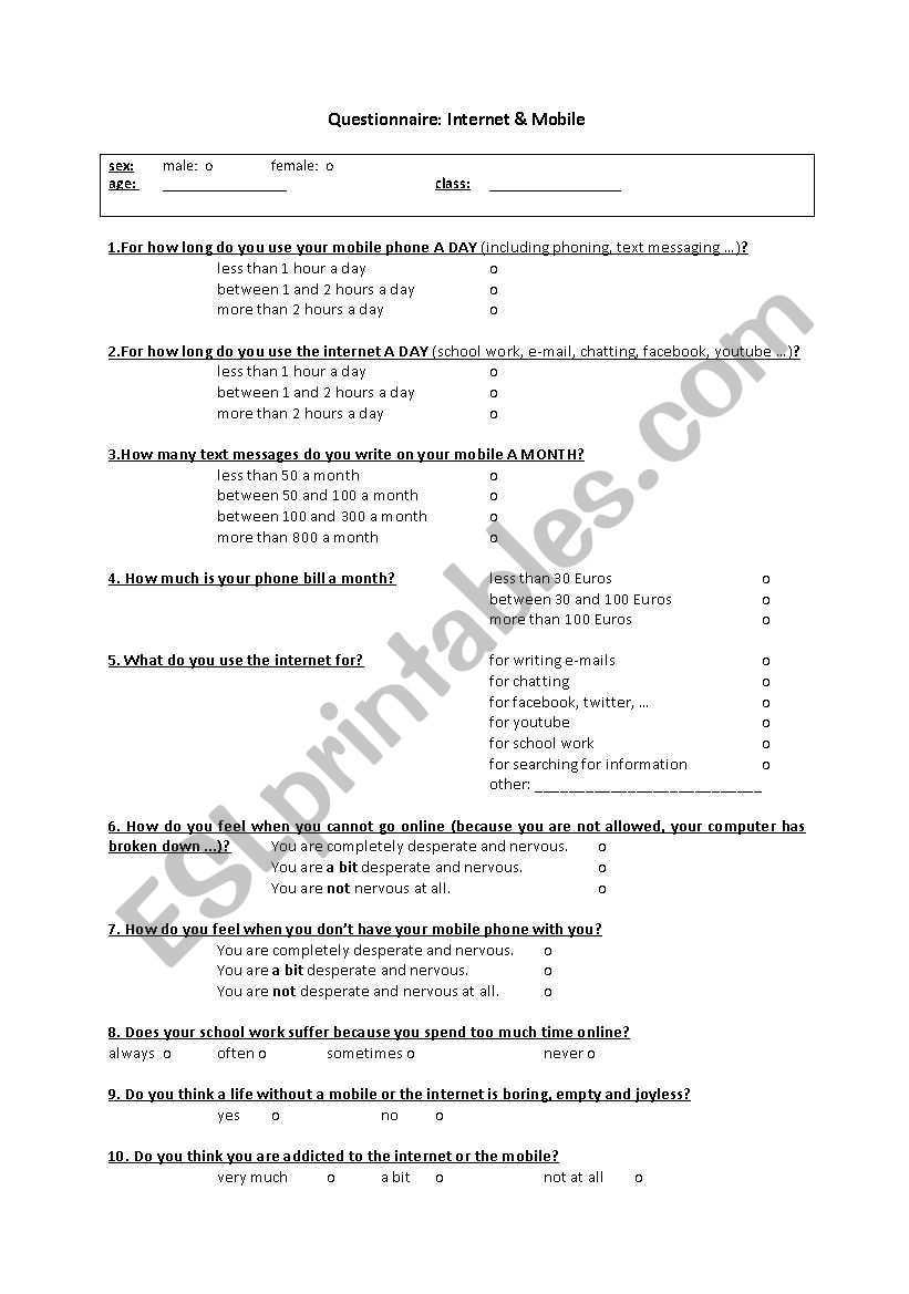 Questionnaire for a project on internet and mobiles