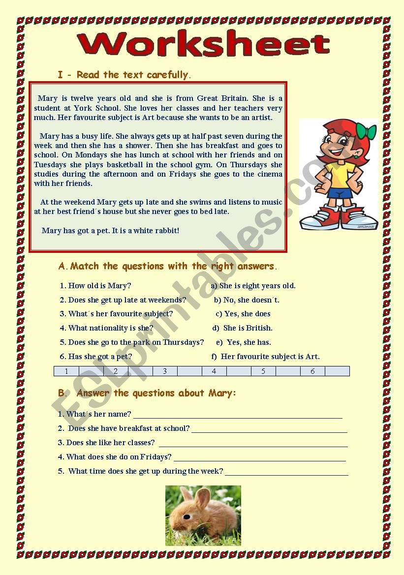 MaryÂ´s daily routine worksheet