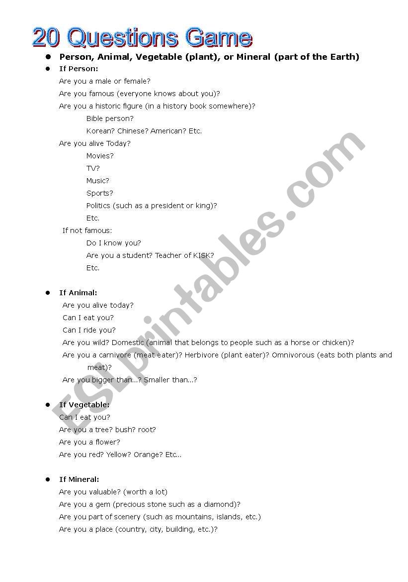 Game: 20 Questions worksheet