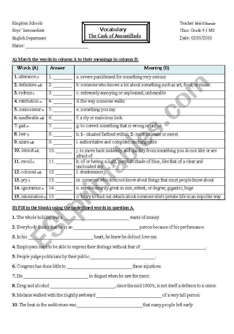 Cask of Amontillado worksheet