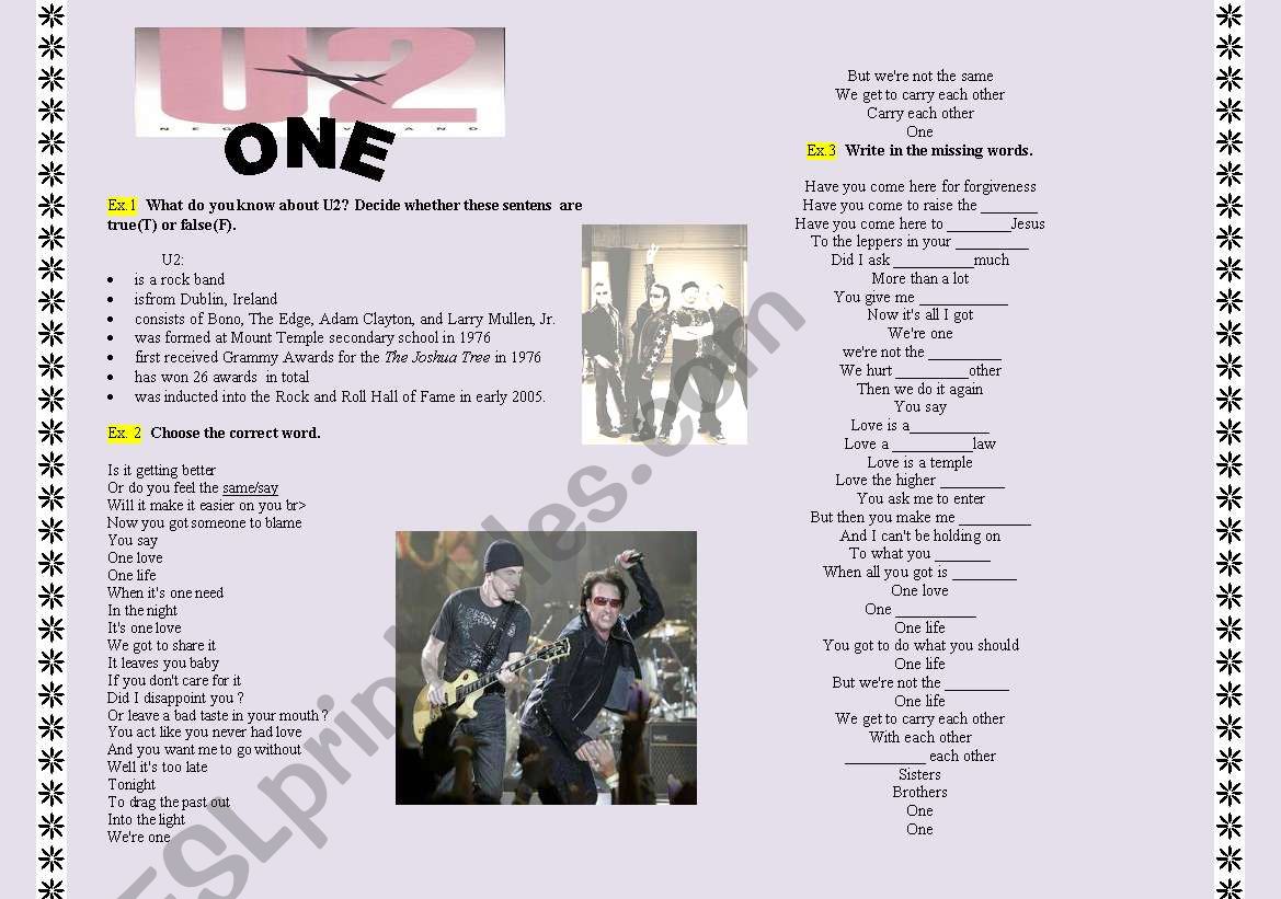 U2 one worksheet