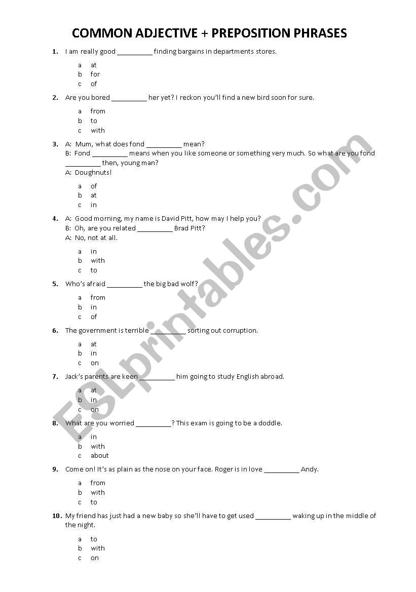 Common adjective and preposition phrases