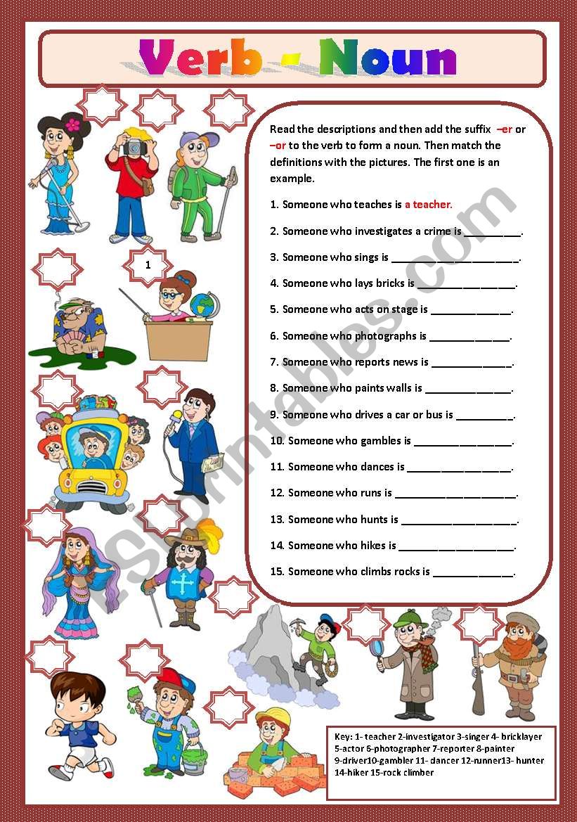 Esl Noun Verb Worksheets