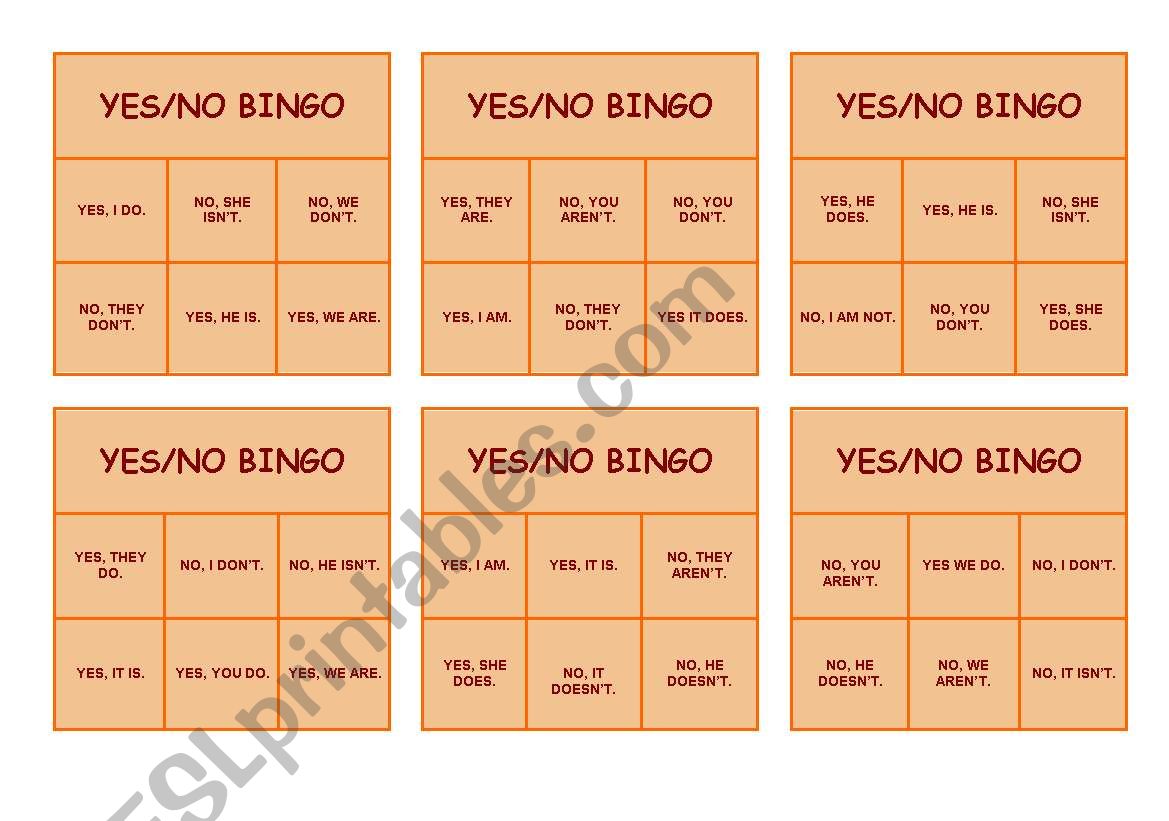 Bingo - Short anwers - Verb be and simple present