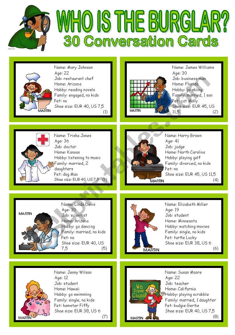 WHO IS THE BURGLAR? - 30 Conversation Cards - Role play - Class and Group Speaking