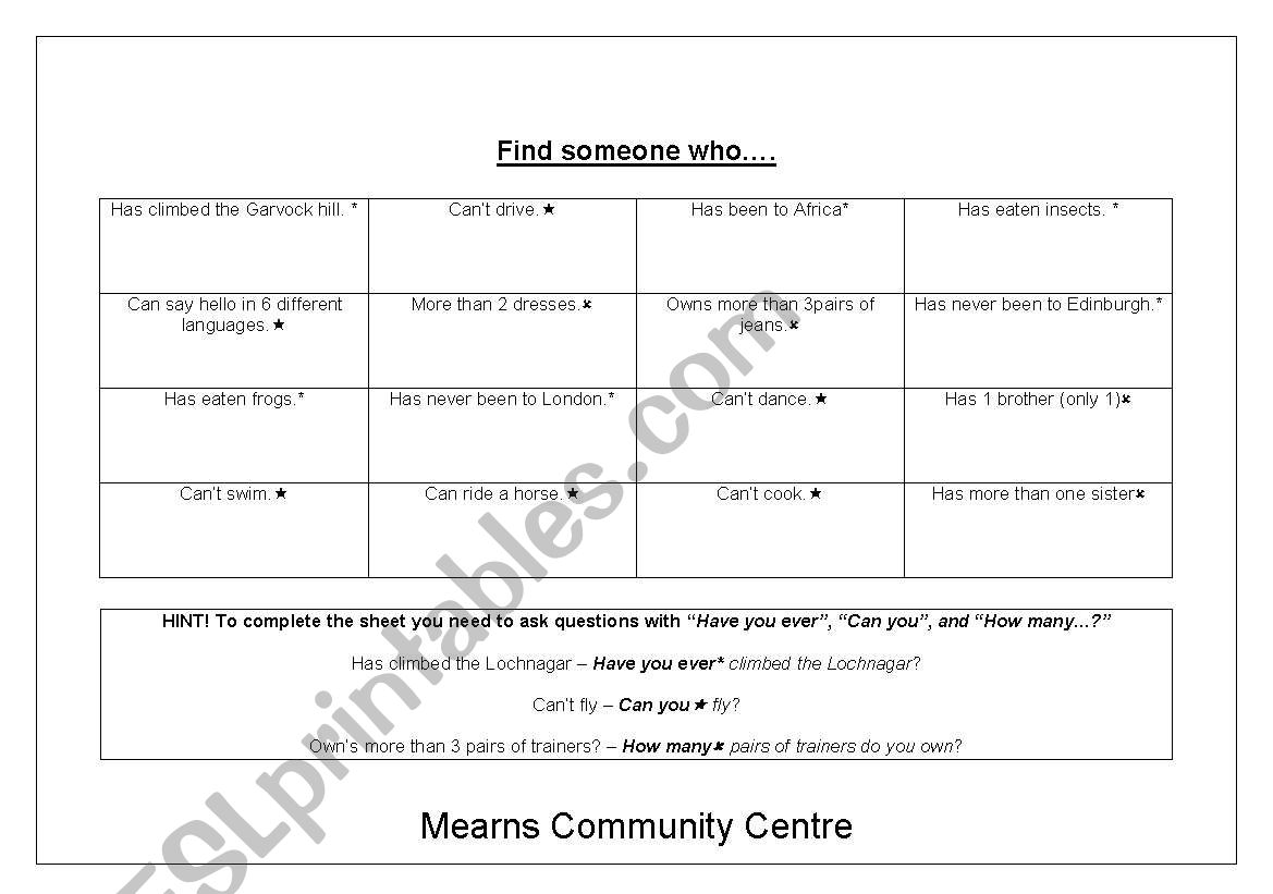 Beginner level Scavenger hunt worksheet