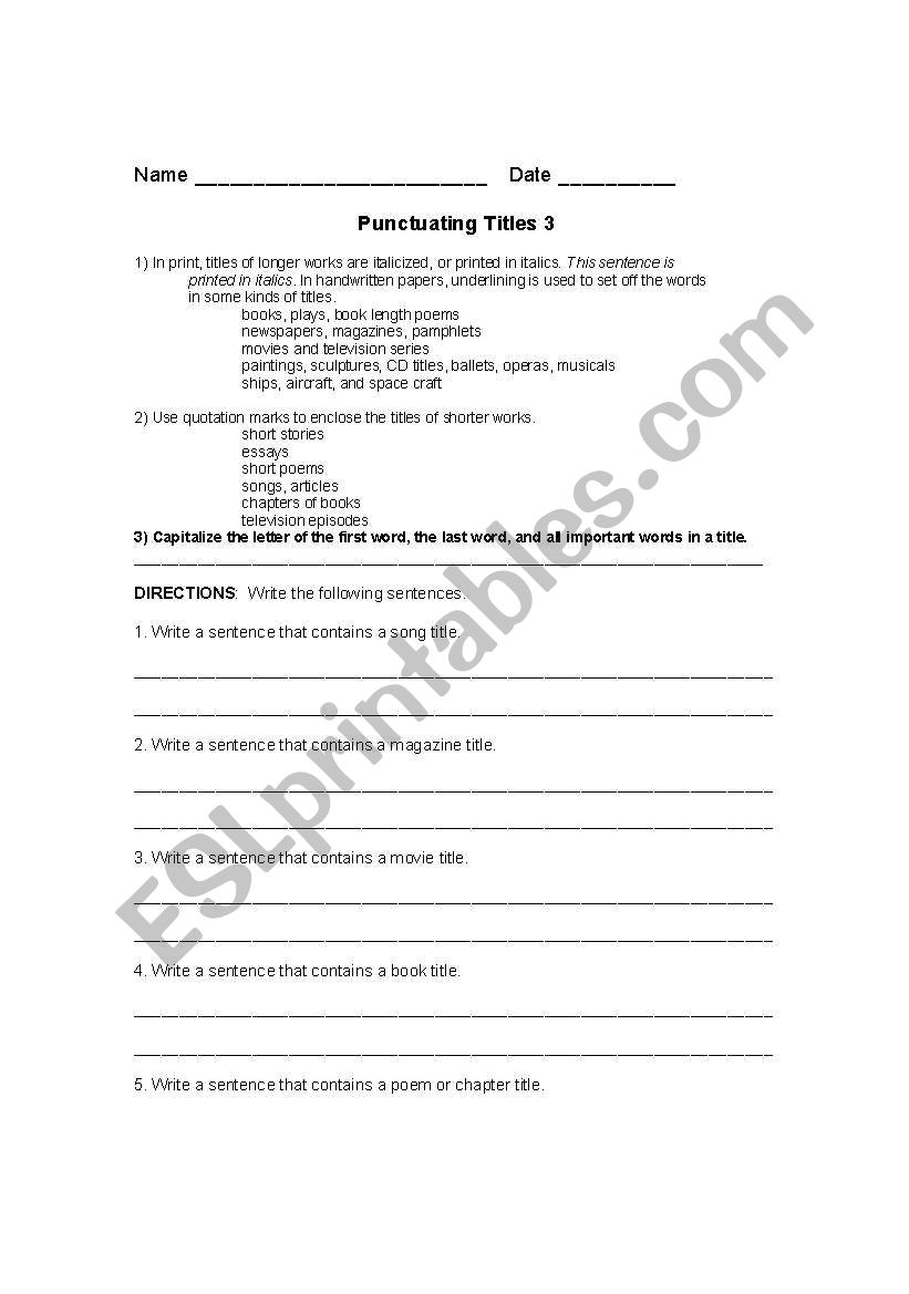 English worksheets: Punctuating Titles