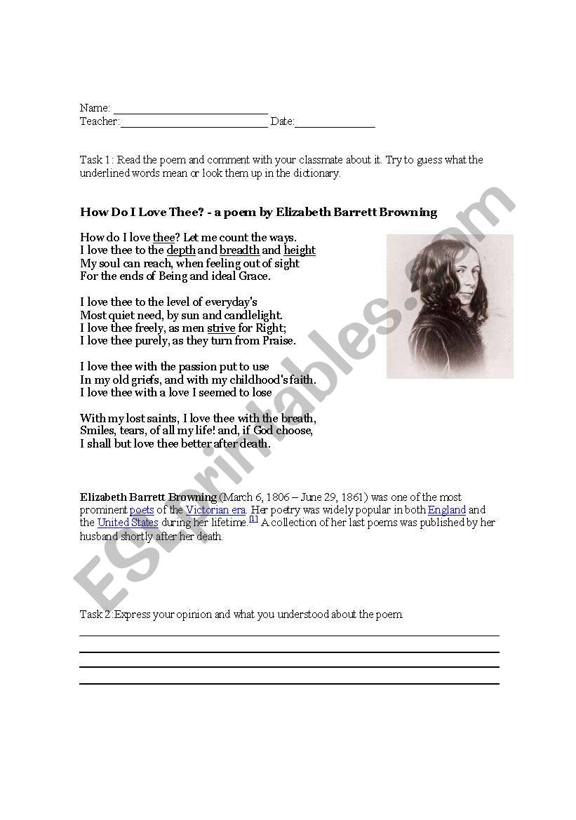 Poem - How do I love thee worksheet