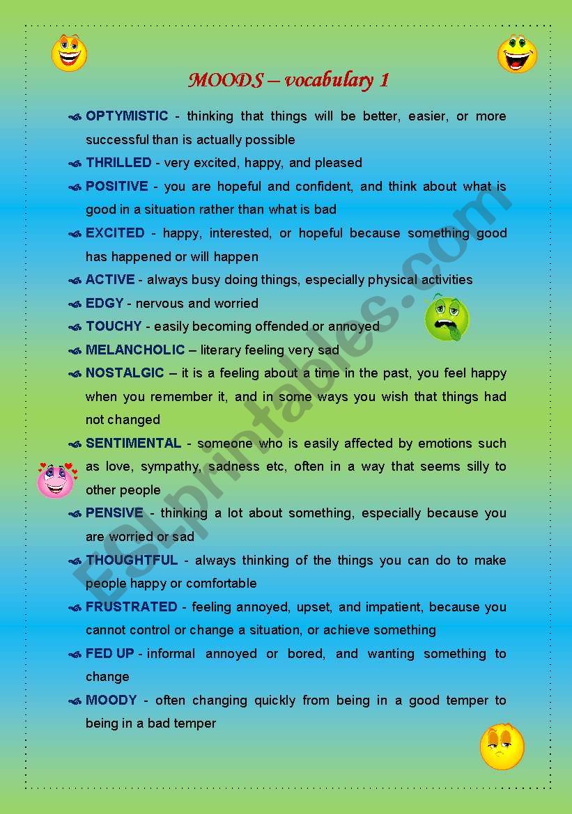 Moods - vovabulary part 1 worksheet