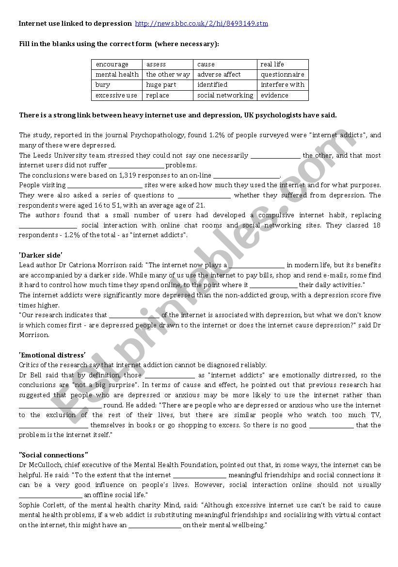 Internet Use and Depression worksheet