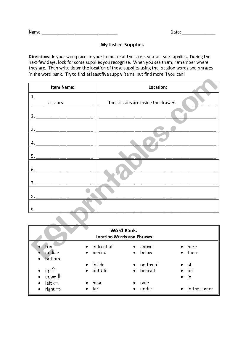 My List of Supplies worksheet