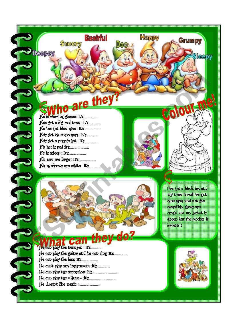 Describe the seven dwarfs! worksheet