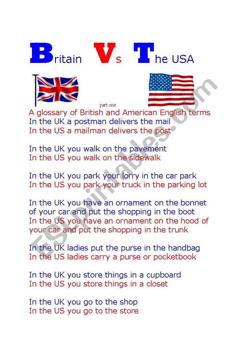 Britain Vs the USA worksheet