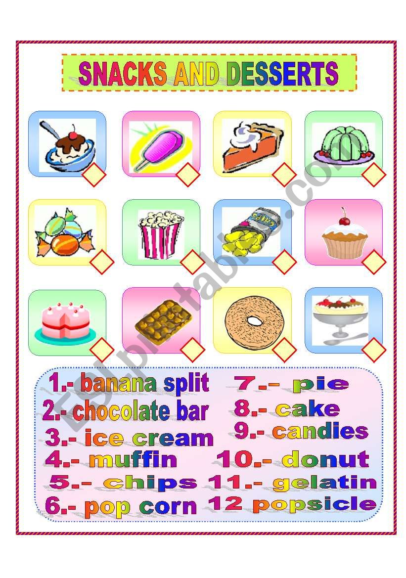 SNACKS, DESSERTS AND DRINKS worksheet