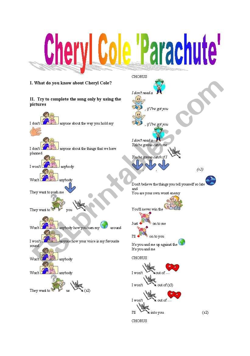 Cheryl Cole parachute song-based worksheet (FULLY EDITABLE AND ANSWER KEY INCLUDED!!!) 