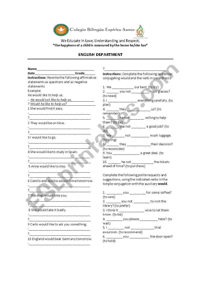 would and second conditional worksheet