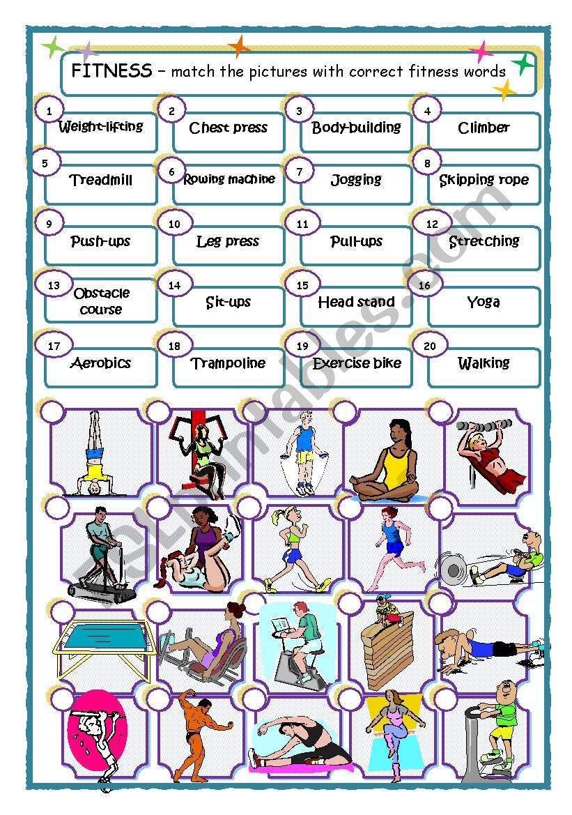 Fitness nouns - matching worksheet 20 physical exercises