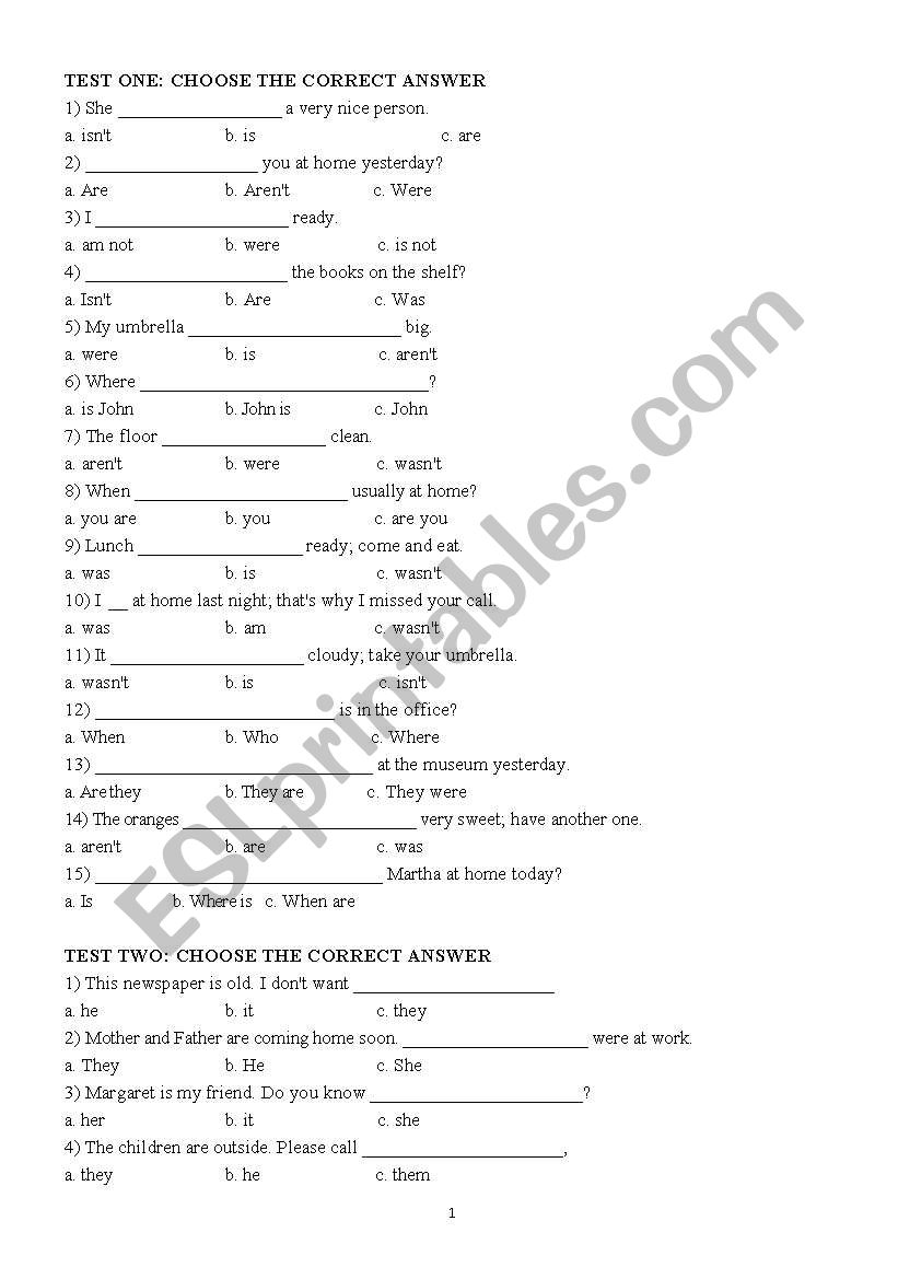 TESTS ONE TO FIVE worksheet