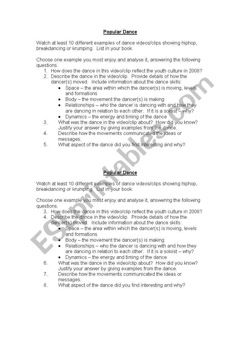 dance worksheet