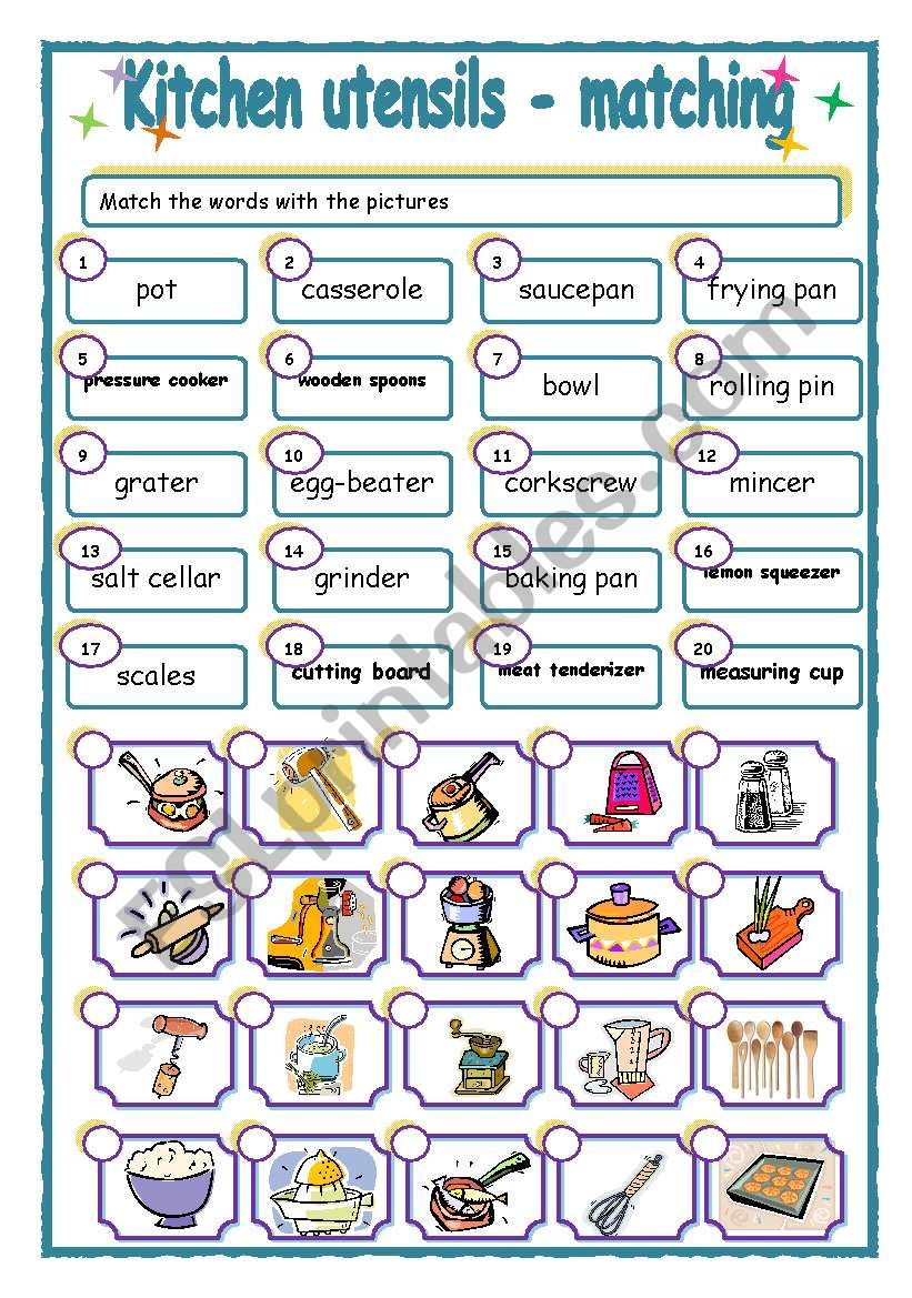 kitchen utensils matching esl worksheet by piszke