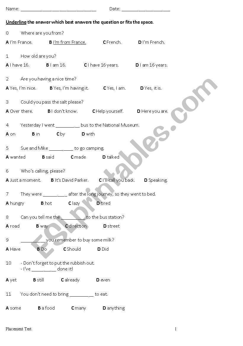 Placement Test worksheet