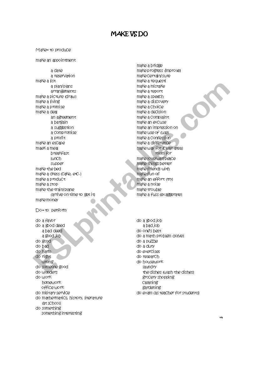 make vs do worksheet