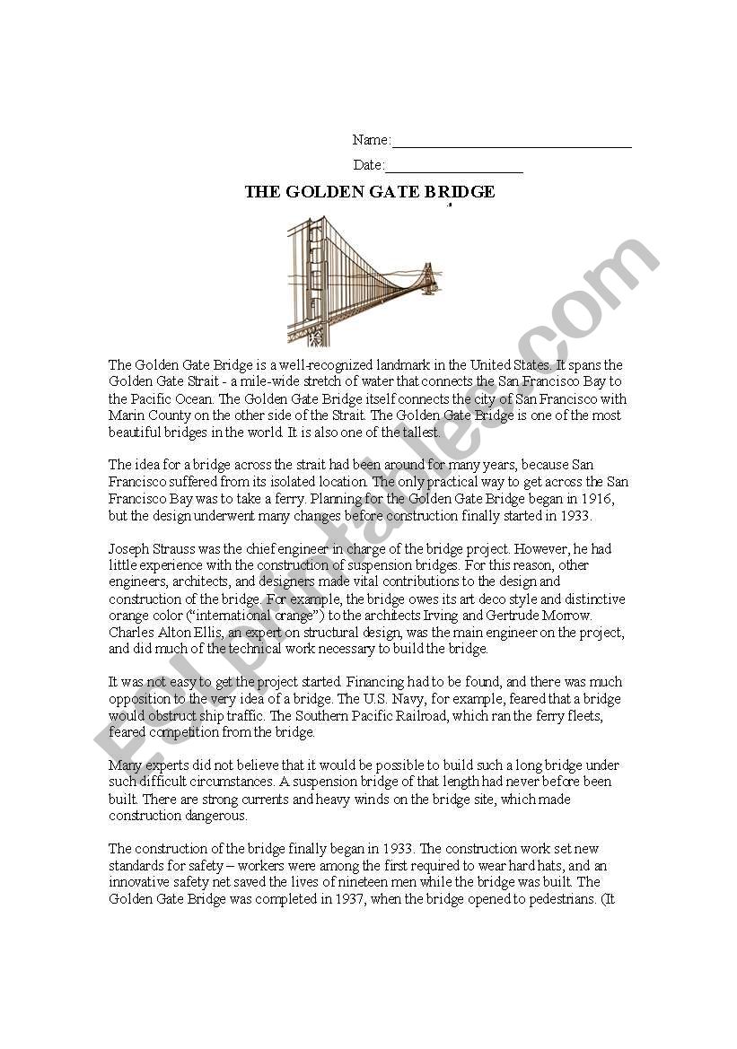 Golden Gate Bridge worksheet