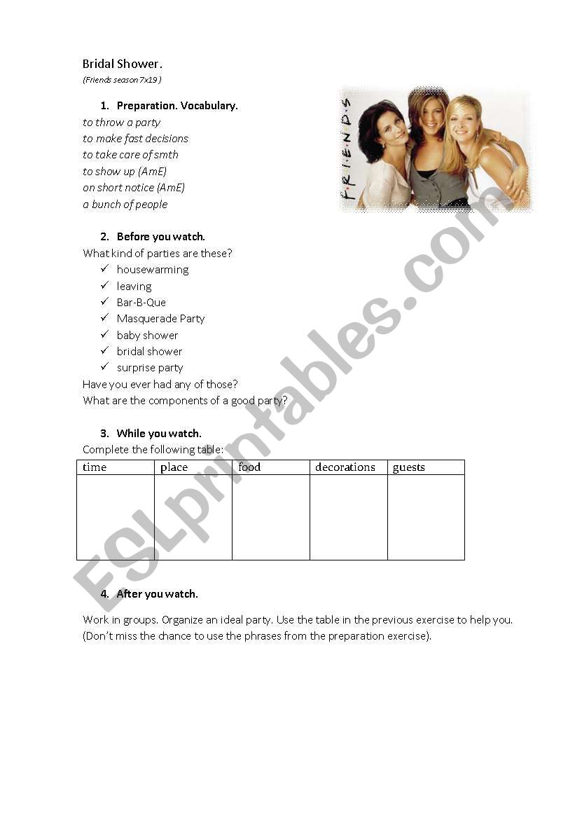 Friends - Organising a Party worksheet