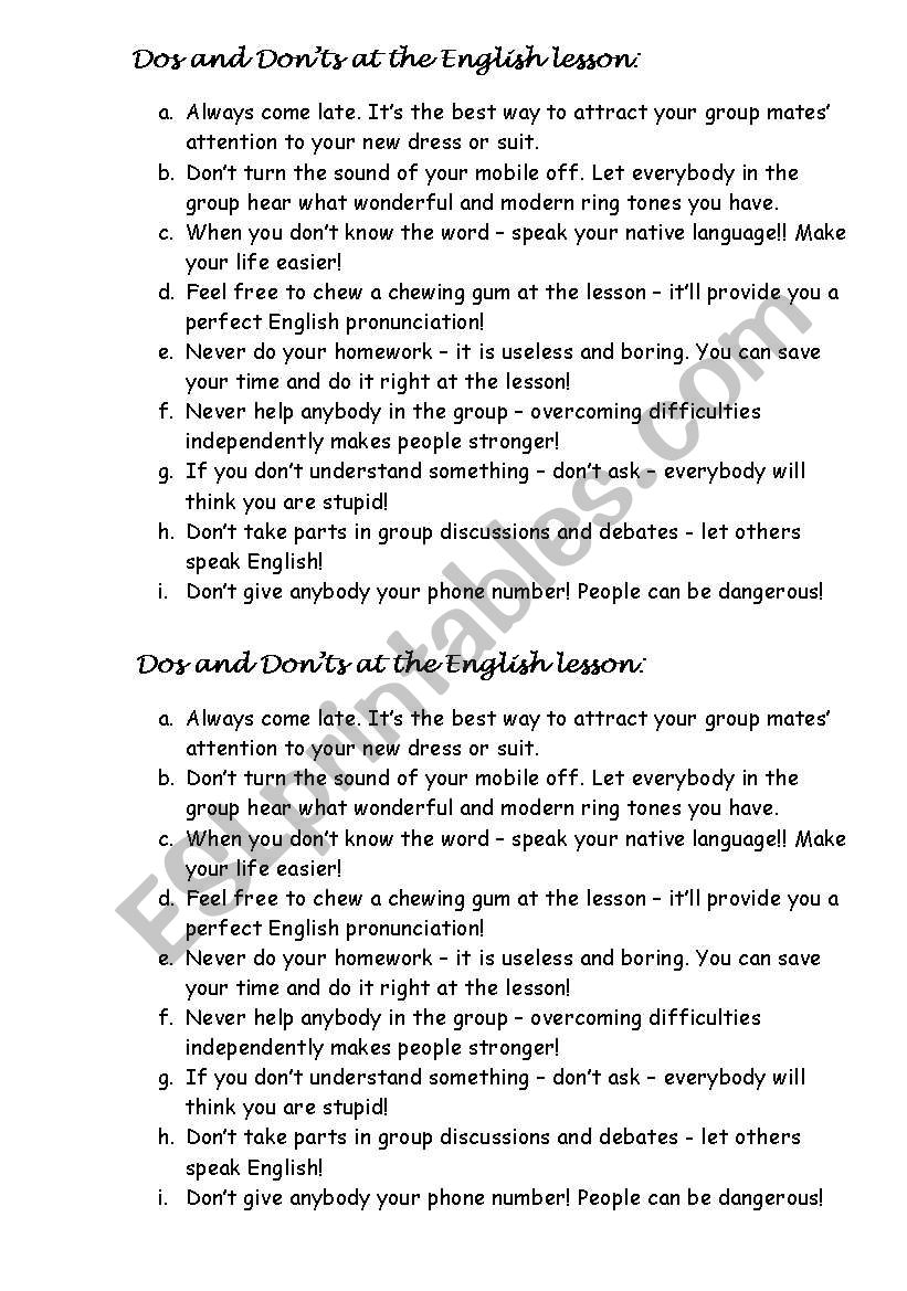 Dos and DonÂ´ts at the English lesson