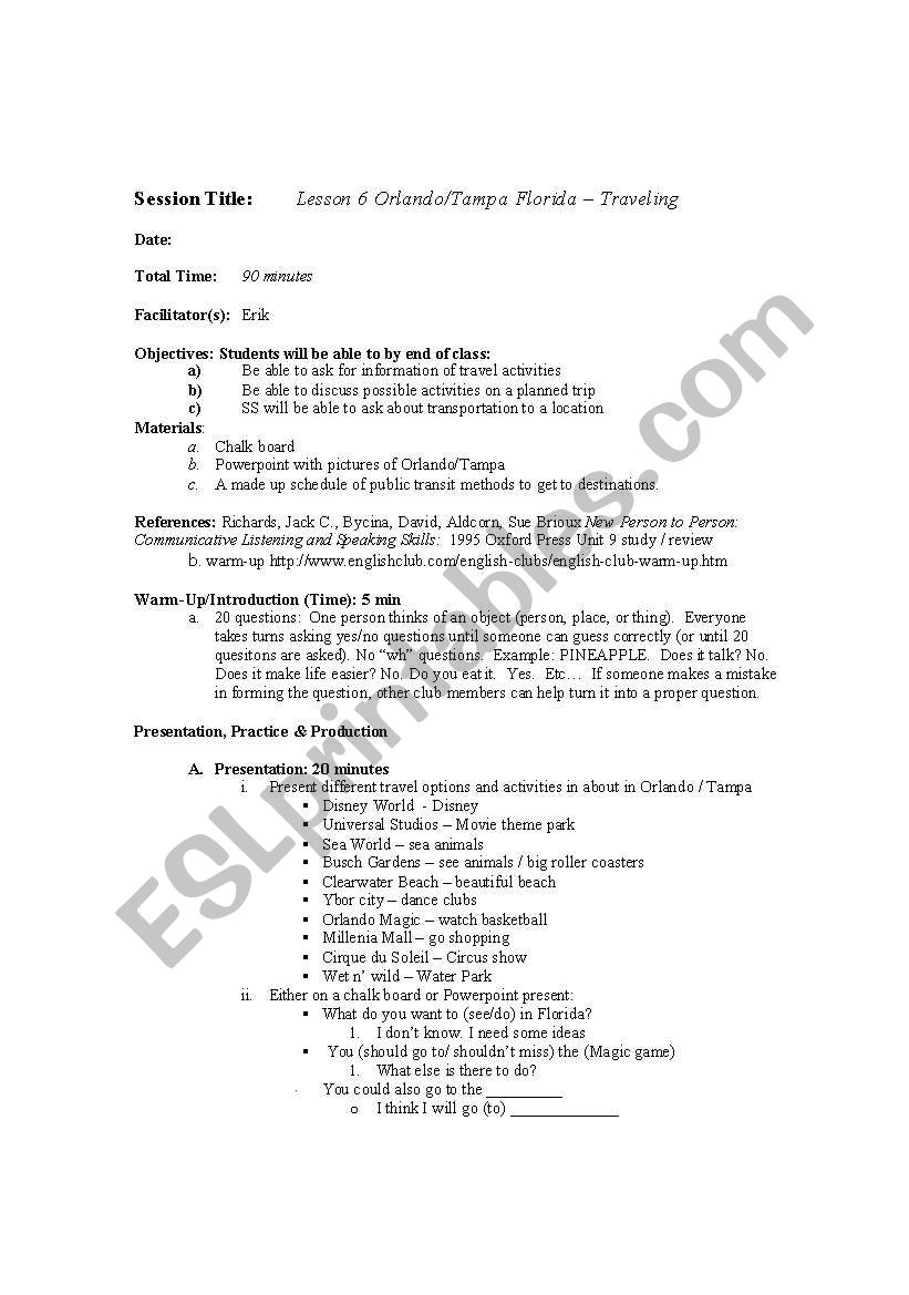 Orlando Lesson Plan worksheet