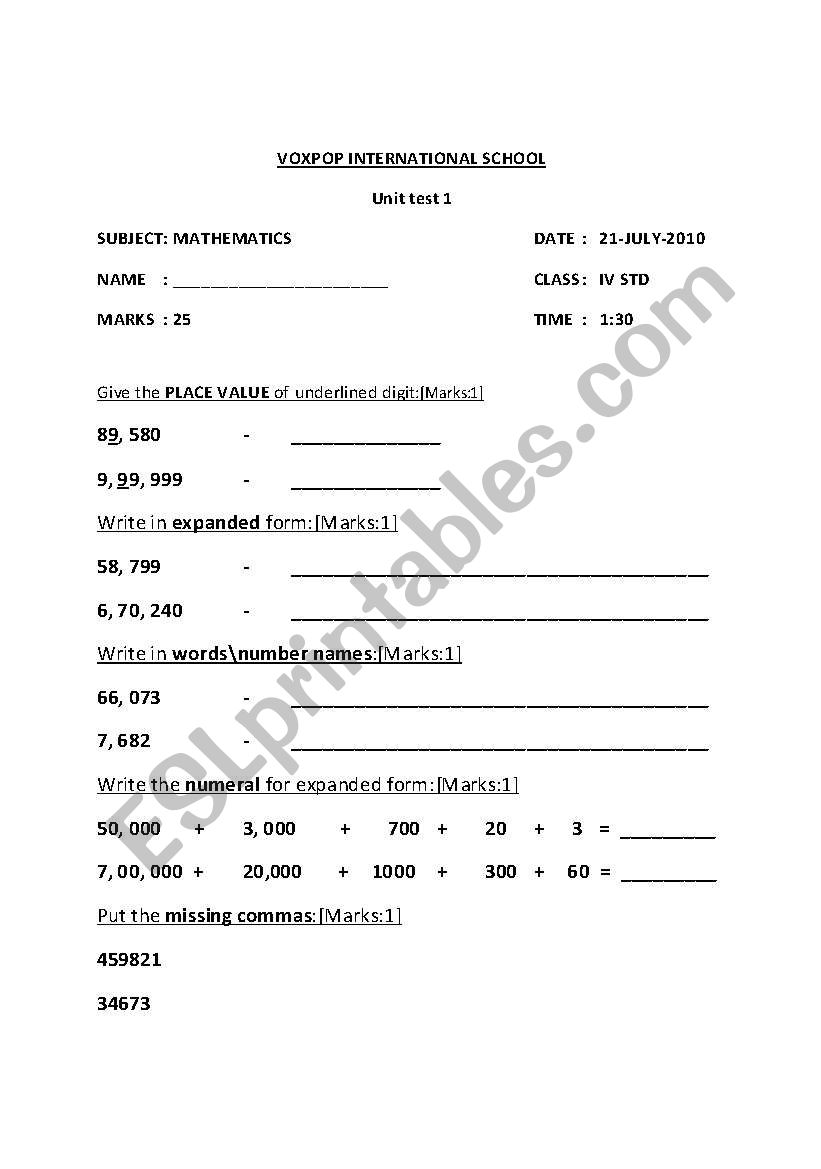 Maths-Place value worksheet