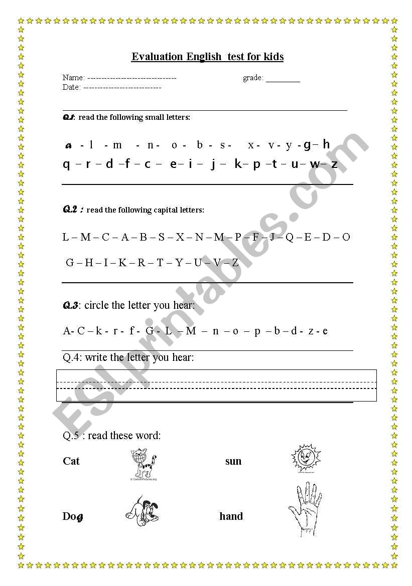 evaluation english test for kids