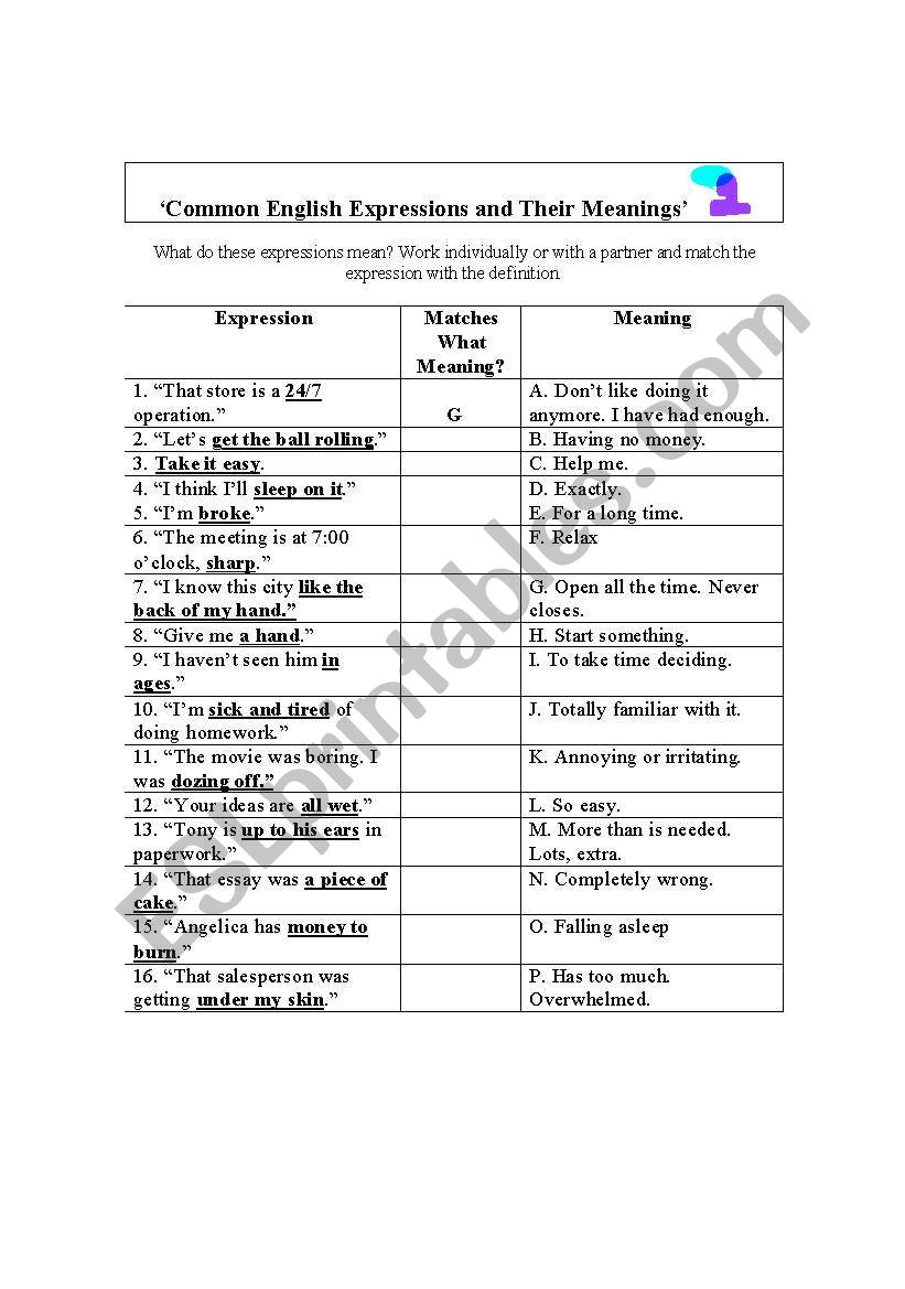 16 Common English Expressions - A Matching Exercise and Answer Key