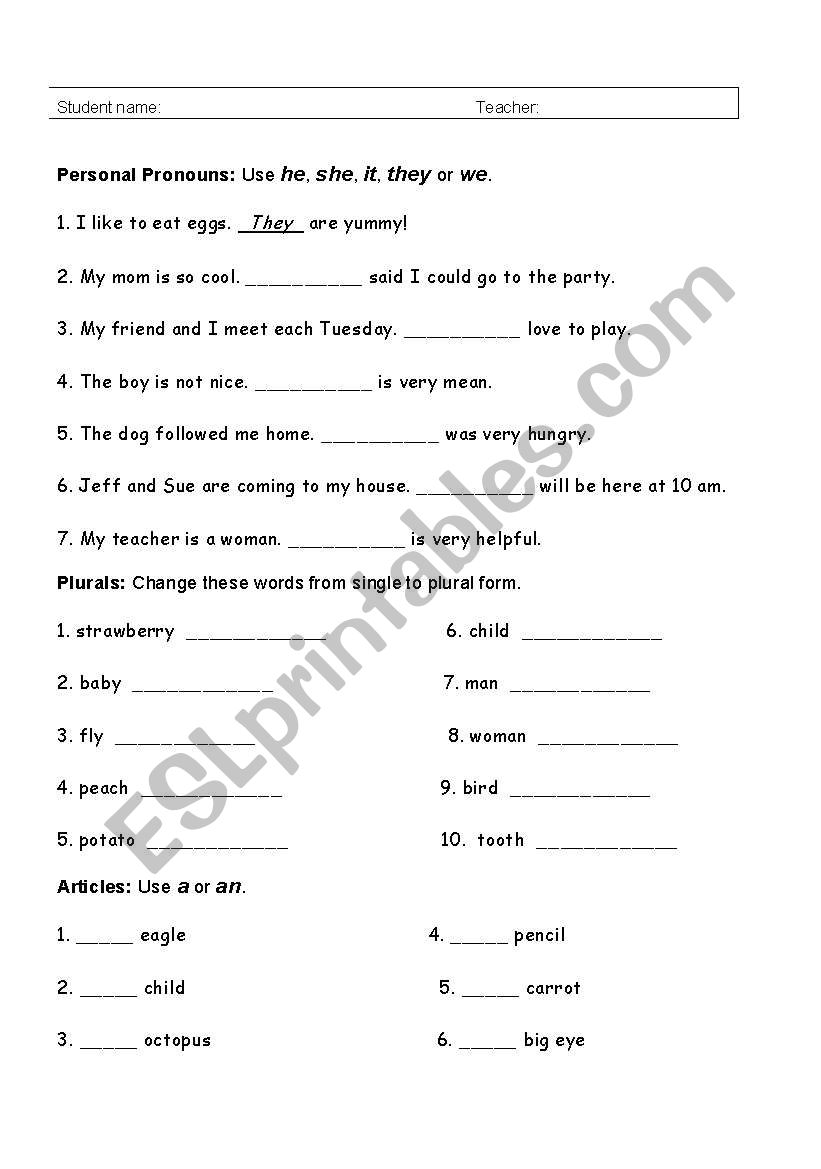 Personal pronouns, Plurals and Articles