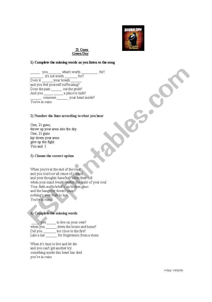 song green day 21 guns worksheet