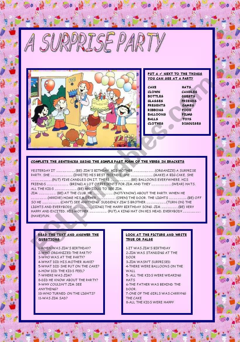 A SURPRISE PARTY worksheet