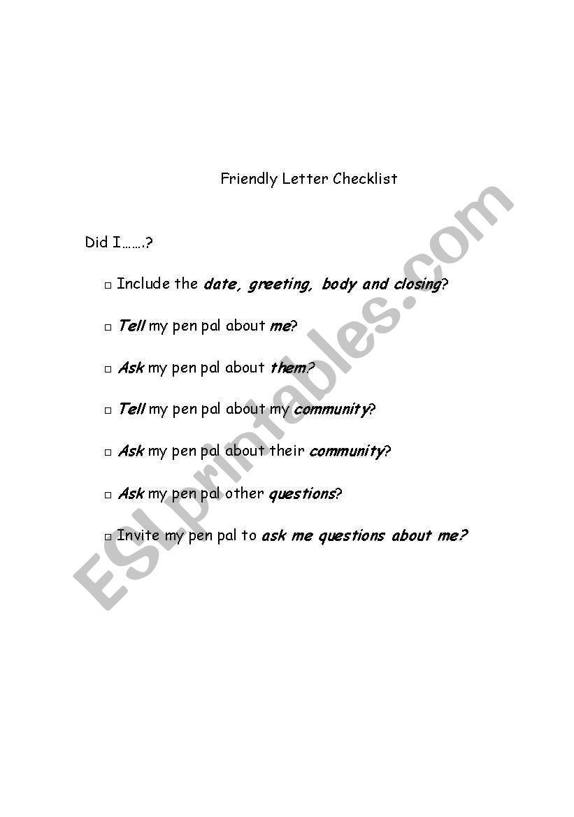 Pen pal friendly letter checklist
