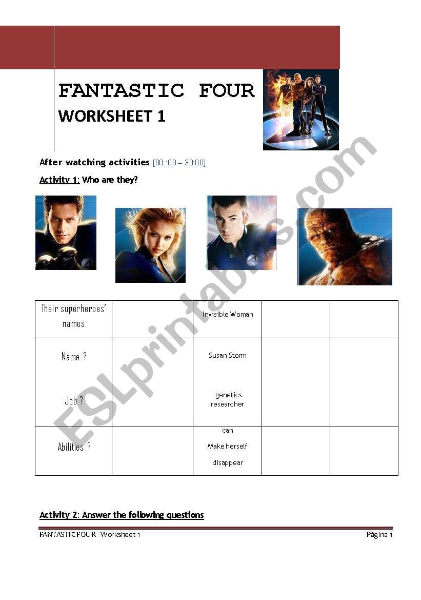 Fantastic four movie worksheet 1