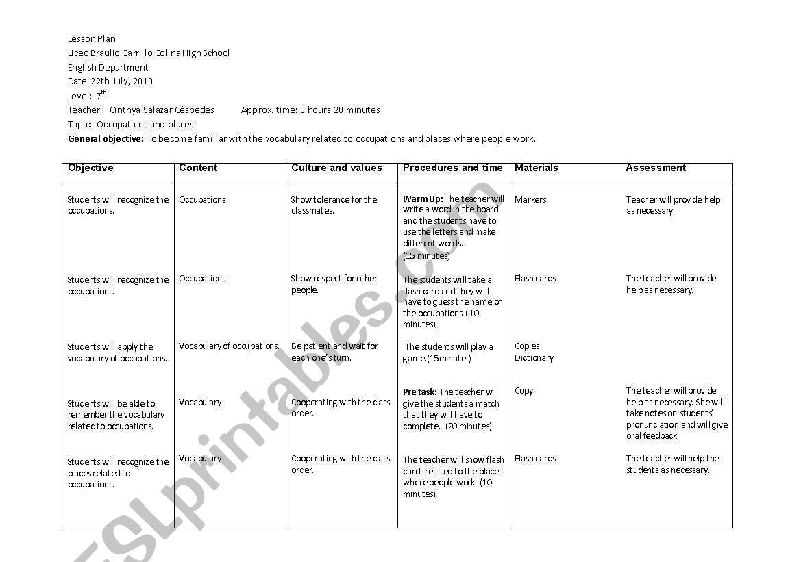 Occupations worksheet