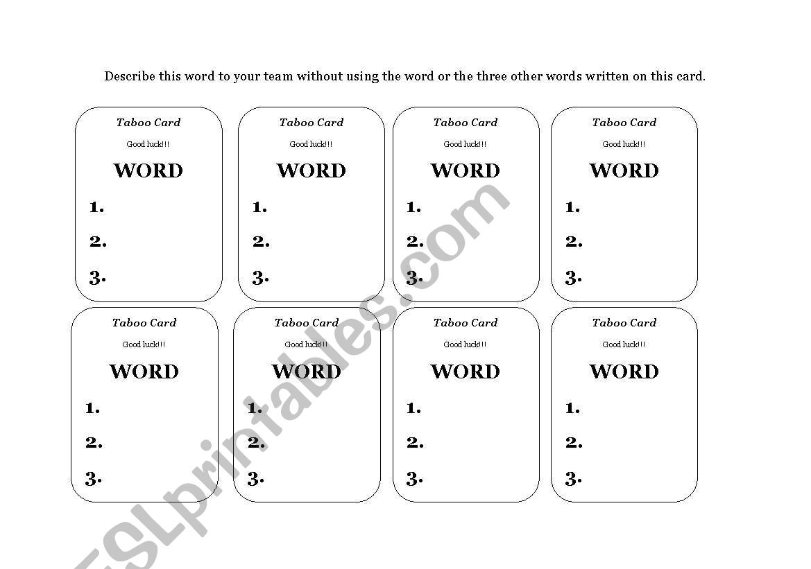 TABOO CARDS TEMPLATES worksheet