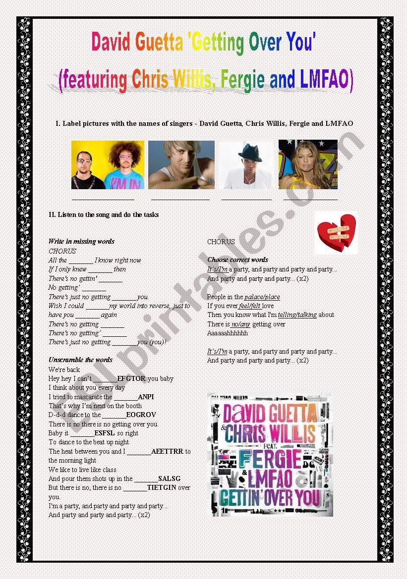Â´GETTING OVER YOUÂ´ David Guetta song-based activity (fully editable, aswer key included) !!!