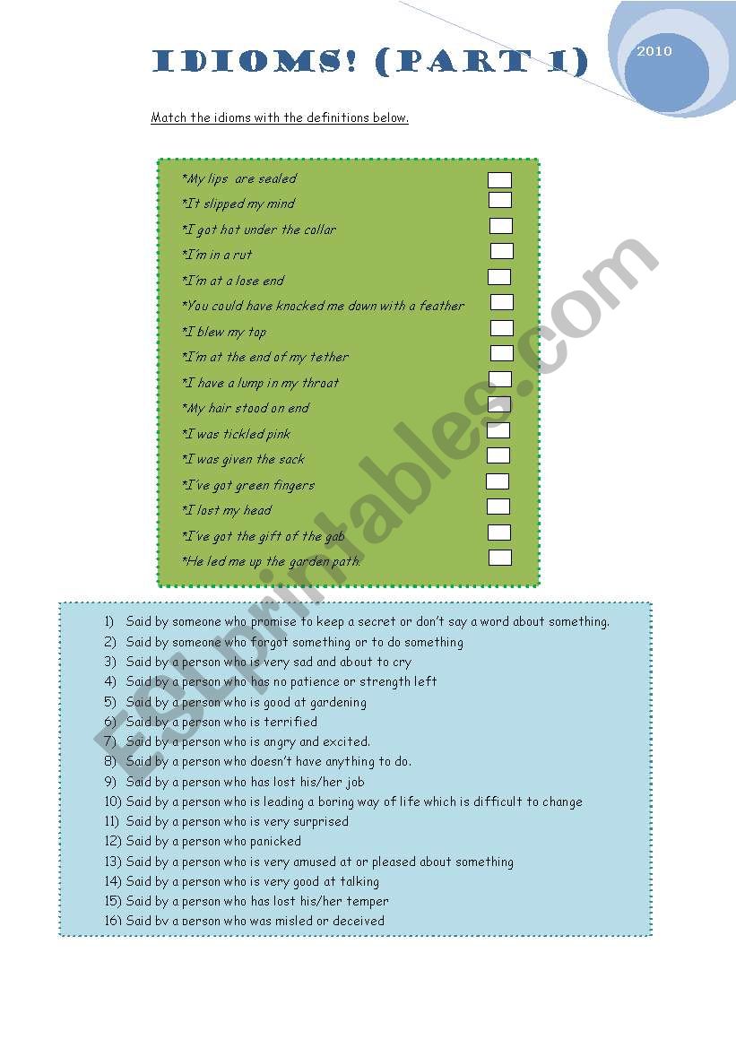 Idioms Part 1/3 worksheet