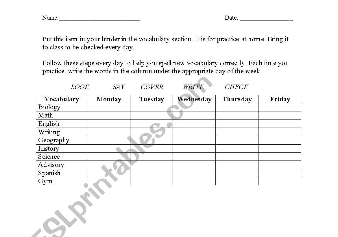 Spelling Practice Chart worksheet