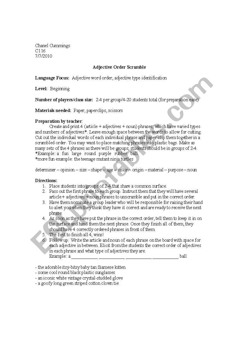 Adjective Word Order Scramble worksheet