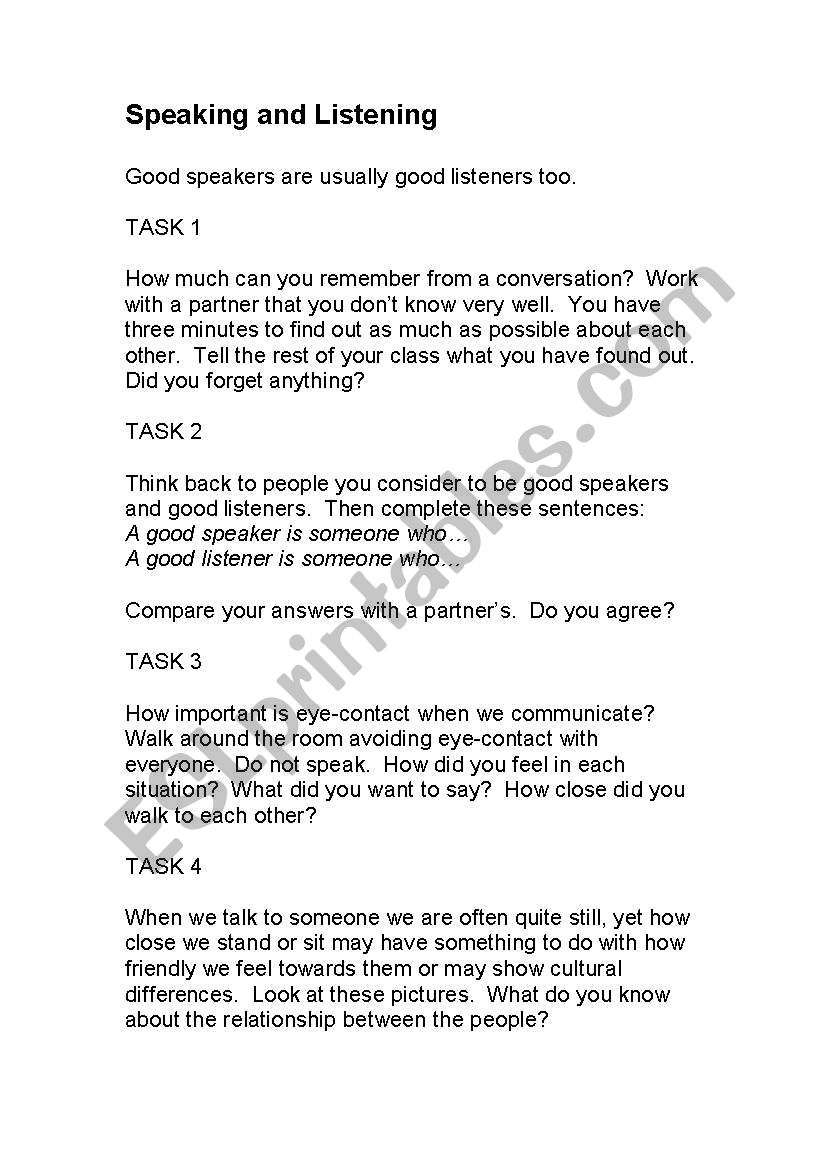 Speaking and Listening worksheet