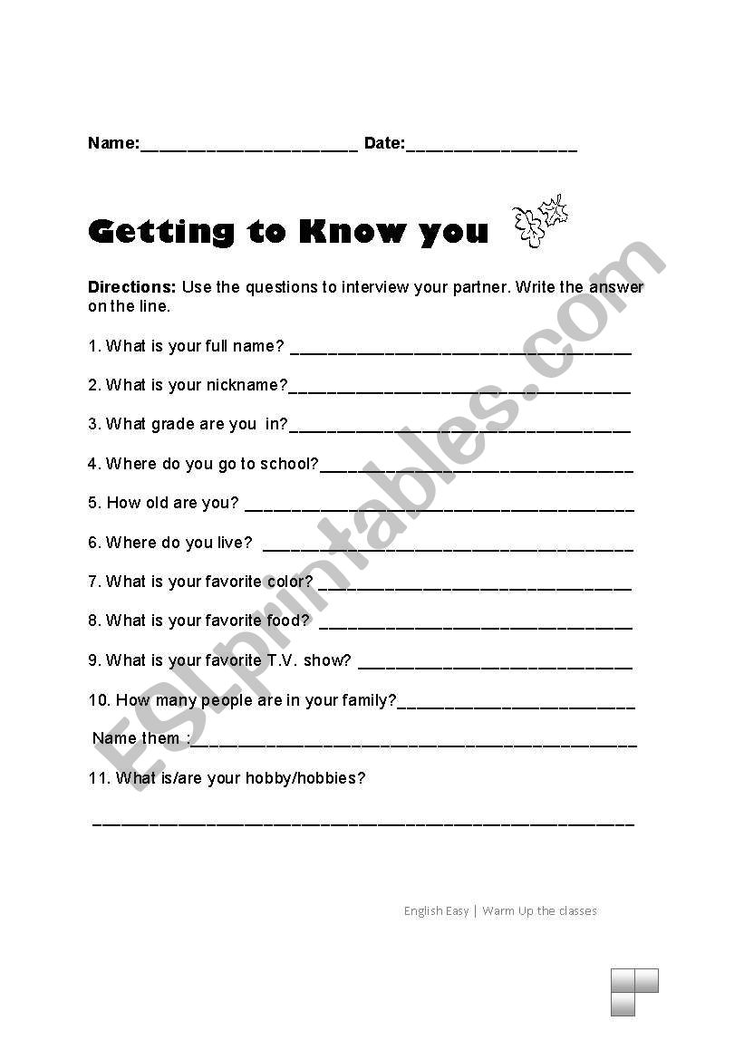 English worksheets: Getting to know you