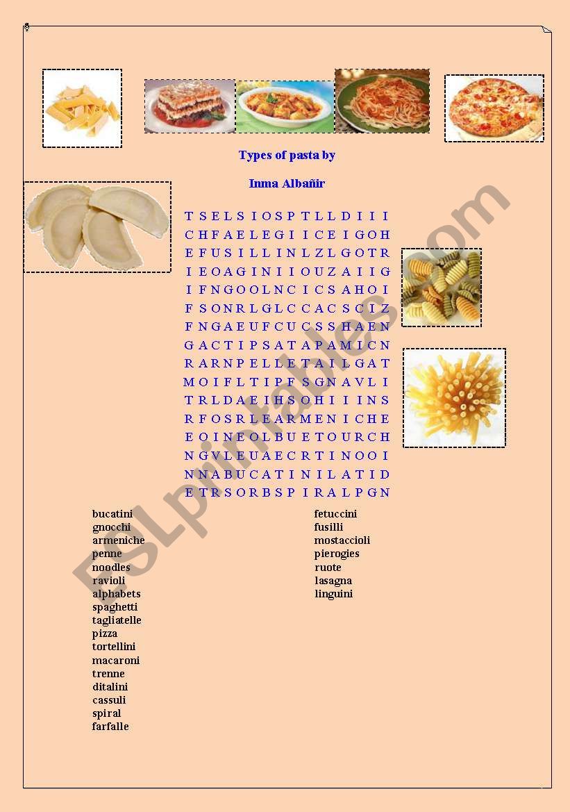 Types of pasta worksheet